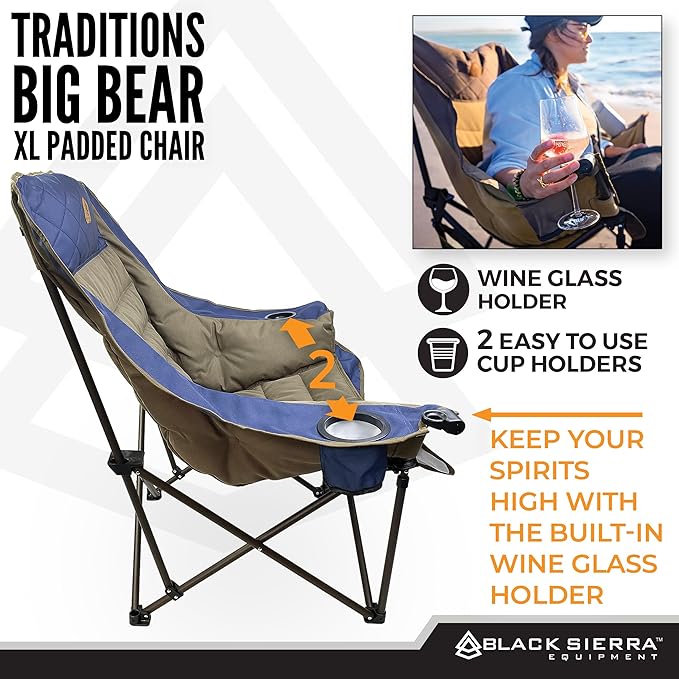 Black Sierra Deluxe Padded Camping Chair for Sports & Outdoors, Oversize XL Outdoor Folding Chair Supports 400 lbs, Heavy Duty Seat w/Dual Cup Holders/Carry Bag Perfect for RV, Tailgating, Glamping