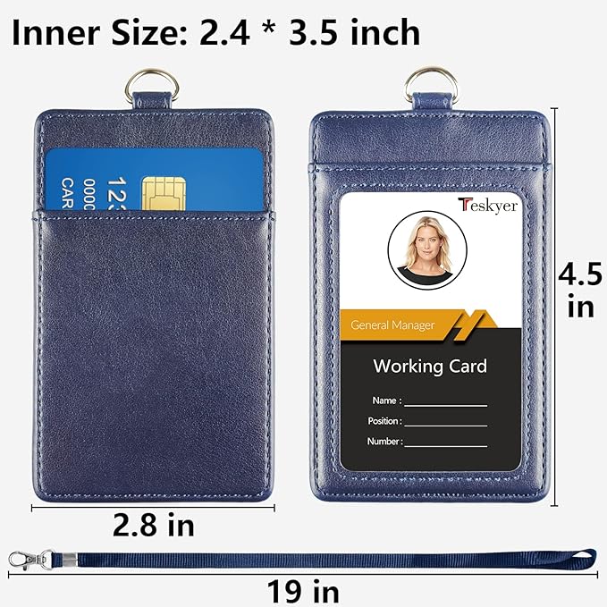 Teskyer Badge Holder with Lanyard, Leather ID Name Badge Card Holder with Lanyard for ID Badges, Vertical Blue