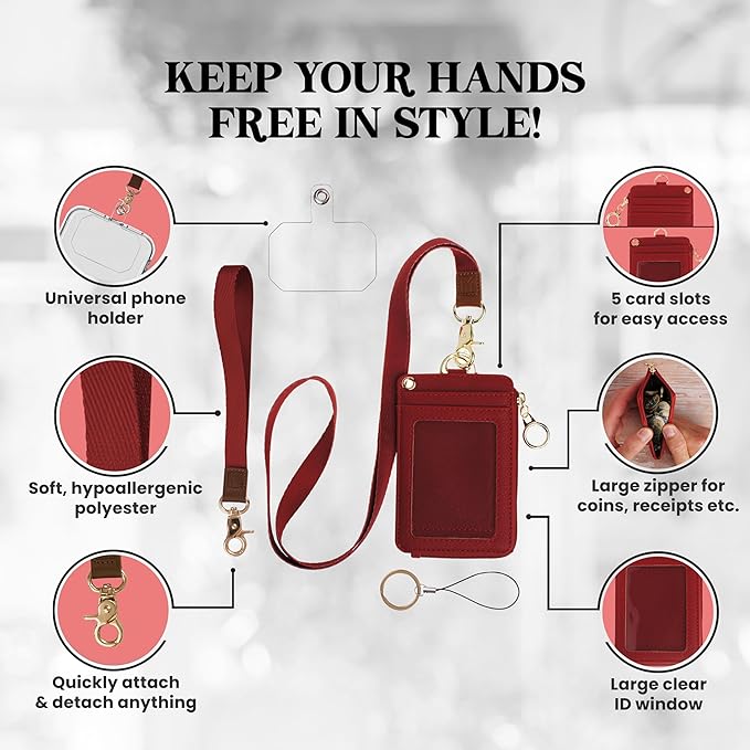 2-in-1 ID Badge Holder & Lanyard Wallet - Multi-Use Womens Small Wallet with Removable Wristlet & Neck Lanyard, Clear Window, 5 Card Slots, Phone Holder, Ring Keychain - Bordeaux Red