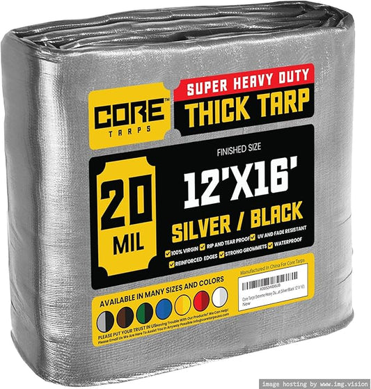 Core Tarps Extreme Heavy Duty 20 Mil Tarp Cover, Waterproof, UV Resistant, Rip and Tear Proof, Poly Tarpaulin with Reinforced Edges for Roof, Camping, Patio, Pool, Boat (Silver/Black 12′ X 16′)