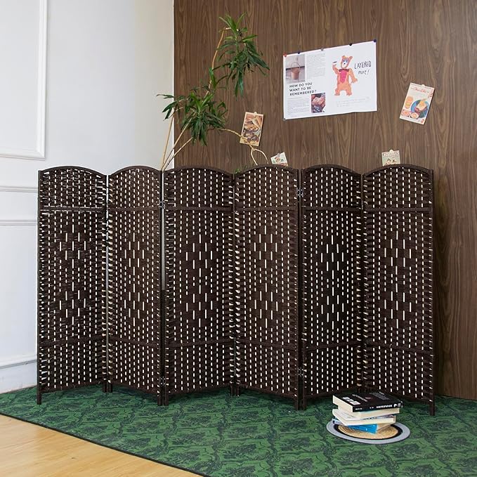 6 Panel Rattan Divider Short Room Partition Screen,Double Sided Folding Divider for Room Separation,Dark Brown,47.2" H x 94.5" W
