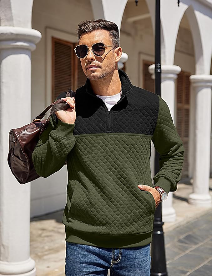 COOFANDY Mens Quarter Zip Pullover Quilted Sweatshirt Knit Long Sleeve Mock Neck Sweater Polo with Pocket
