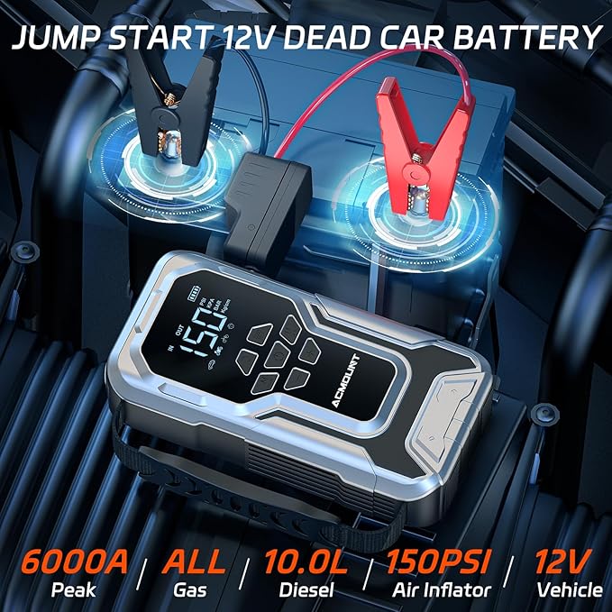 Acmount Jump Starter with Air Compressor, 6000A Car Battery Jumper Starter Portable(All Gas/10.0L Diesel), 150PSI Tire Inflator Air Pump, 12V Jump Pack with LCD Display, USB Quick Charge & LED Light