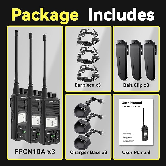 SAMCOM FPCN10A Two Way Radios Long Range 3000mAh Heavy Duty Walkie Talkies for Adults Rechargeable Handheld UHF 2 Way Radios with Earpieces Dual PTT for Biking Camping Hiking Hunting,3 Packs