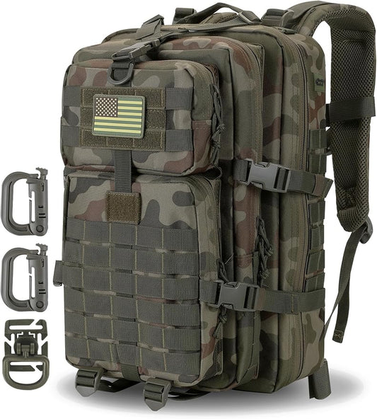 MOLLE Assault Backpack, Tactical Backpack Military Army Camping Rucksack, 3-Day Pack Trip w/USA Flag Patch, D-Rings, Polish Camo