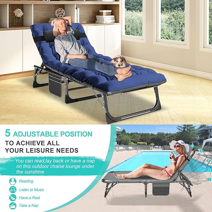 ABORON Patio Lounge Chair, Folding Guest Bed Cot for Adults, 500LB Heavy-Duty Capacity, Portable Extra Bed with Comfort Mat, Quick Fold Design for Indoor Guest Stays & Temporary Use