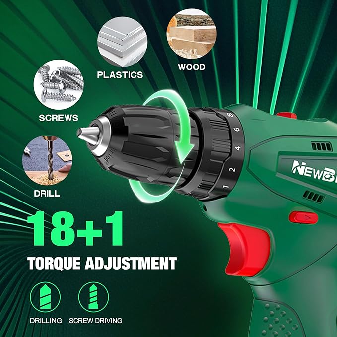 Power Drill Set, 12V Cordless Drill with 2 Battery and Charger, 2 Variable Speed, 18+1 Torque Setting, Tools for Home and DIY Project