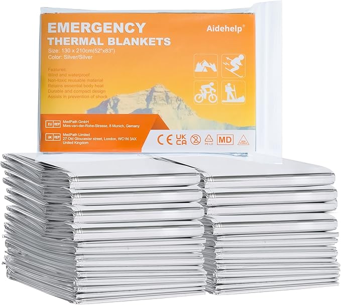24 Pack Emergency Blankets (83" x 52") - Mylar Thermal Space Blankets for Survival and Protection - Ideal for Camping, Outdoors, Hiking, Rescue, Marathons