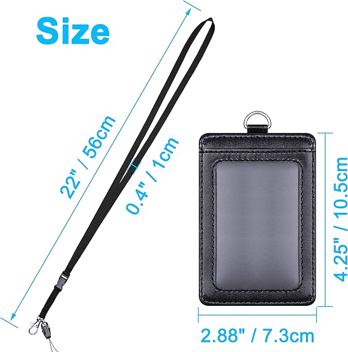 Badge Holder, Wisdompro School Supply 2-Sided PU Leather College ID Badge Card Holder Wallet Case with 1 Clear ID Window and 1 Credit Card Slot and 22 Inch Detachable Neck Lanyard - Black (Vertical)