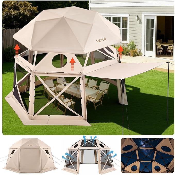 VEVOR Pop up Gazebo Screen Tent, 15 x 15 ft, 13-Sided Spherical Camping Canopy Tent with Removable Top & Carry Bag, Quick-Set & Bite-Proof, Screen House Sun Shelter for 12-15 Persons, Beige