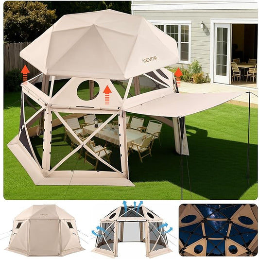 VEVOR Pop up Gazebo Screen Tent, 15 x 15 ft, 13-Sided Spherical Camping Canopy Tent with Removable Top & Carry Bag, Quick-Set & Bite-Proof, Screen House Sun Shelter for 12-15 Persons, Beige