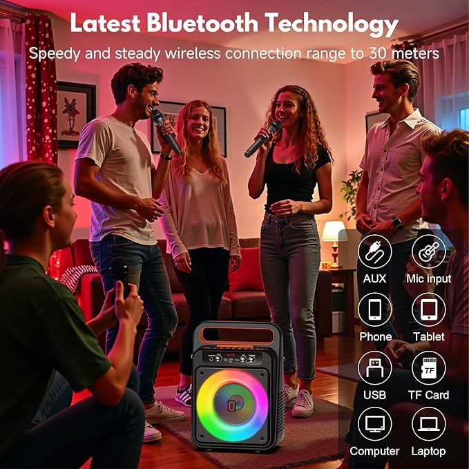 JYX Karaoke Machine with 2 Wireless Microphones, Portable Bluetooth Karaoke Speaker for Adults, PA System Speaker with LED Lights Support REC/USB/AUX/TF for Outdoors Home Party (MS79)