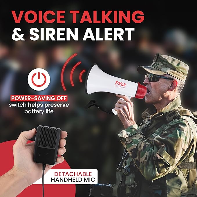 Pyle Megaphone Speaker PA Bullhorn Built-in Siren - Adjustable Volume Control & 1200Yard Range - for Football, Soccer, Baseball, Hockey & Basketball Cheerleading Fans & Coaches or for Safety Drills