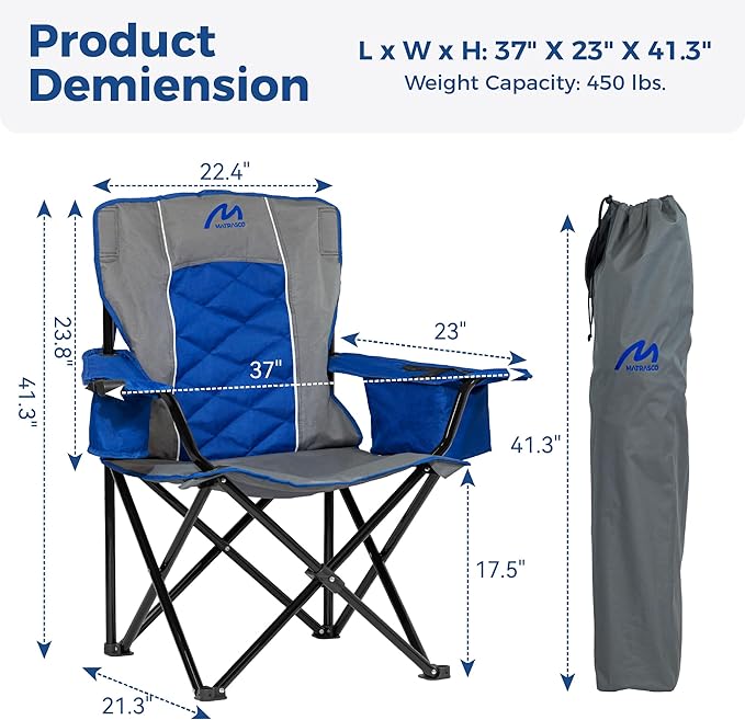 Oversized Padded Camping Chair, Heavy-Duty Steel Frame for 450 lbs Supports, Convenient 6-Can Cooler, Portable Carry Bag, Perfect for Outdoor, Beach, and Hiking (Gray & Sapphire Blue)