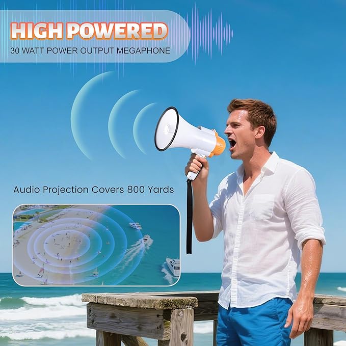 30 Watt Power Portable Megaphone Bullhorn Speaker Voice, Siren/Alarm and 240S Recording with Volume Control and Strap