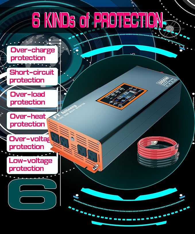 3000W Pure Sine Wave Inverter 12v to 110v Inverter 6000w Peak Power Rv Truck Emergency Power + Solar Off-Grid System Type-C/USB Fast Charging LCD Monitor Screen
