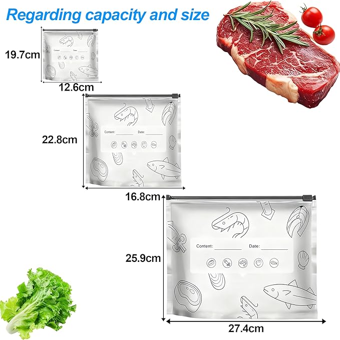 30Pcs Reusable Aluminum Foil Sealable Storage Bags, Thicken Stand Up Foil Sealable Bags with Label and Zip Lock, Aluminum Foil Bags for Food, Vegetable Fruit Meat (10*S+10*M+10*L)(Zipper)