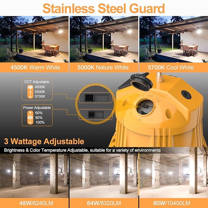 LED Temporary Work Light 80W/64W/48W, 10400LM Outdoor Construction Lights Job Site Lighting 5700K/5000K/4500K, 10ft Cord Hanging Lighting for Workshop Construction Garage, AC100-277V