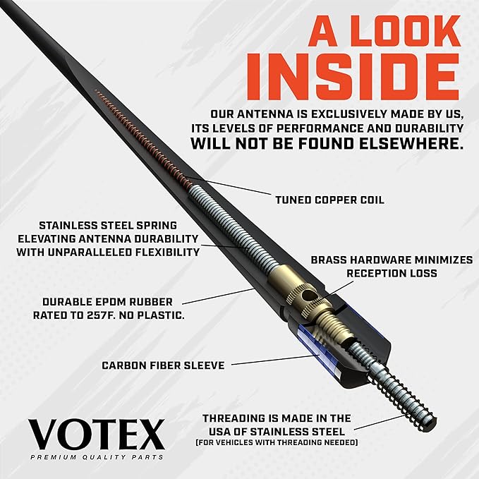 Votex - The Spartan - 13 3/4 Inch Short Flexible Rubber Antenna - Blue Carbon Fiber Trim - Tuned Internal Copper Coil - Part Number A601-FUB-15