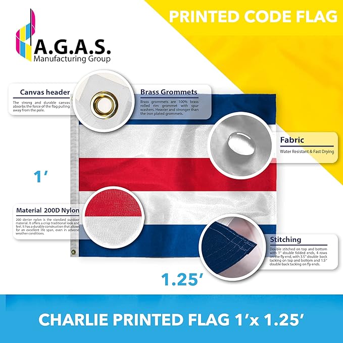 AGAS Charlie Code C Marine Signal 1x1.25 Ft Flag - Printed 200D Nylon - Canvas Header - Brass Grommets - Colorfast & Stitched Edges - Nautical Boat Naval Code Signal