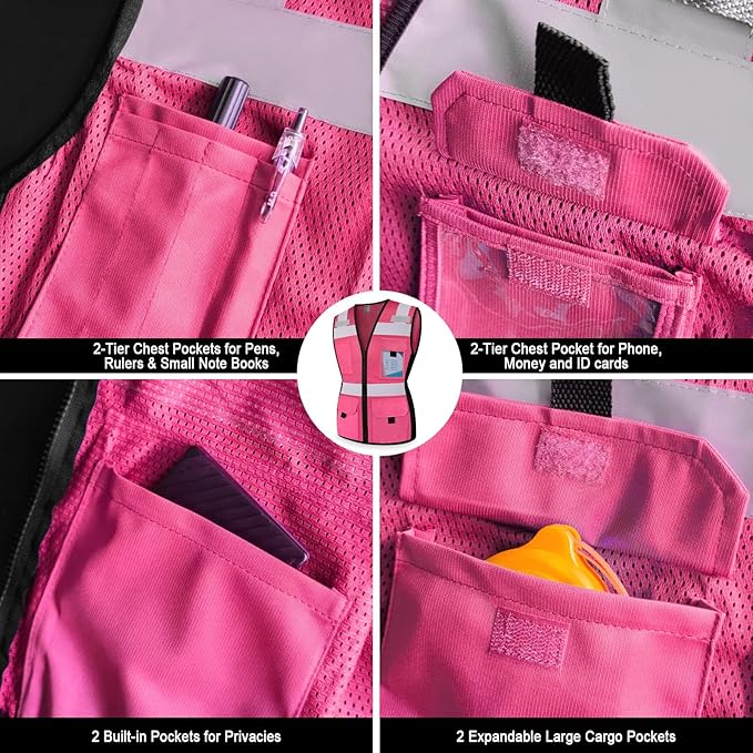 TCCFCCT Women Construction Work Vest 11 Pockets Snug-Fit High Visibility Reflective Vest with Zipper, Neon Safety Vest for Lady Contractors/Surveyors/Workers, Durable and Fashion, Meets ANSI, Pink XL