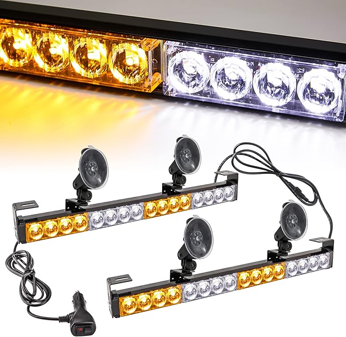 LE-JX 2×16.8 inch Emergency Strobe Light Bar Traffic Advisor Warning Hazard Windshield Safety Lights Bar 21 Flash Patterns with Cigar Lighter for Police Vehicles, Truck (Amber/White, 2 in 1)