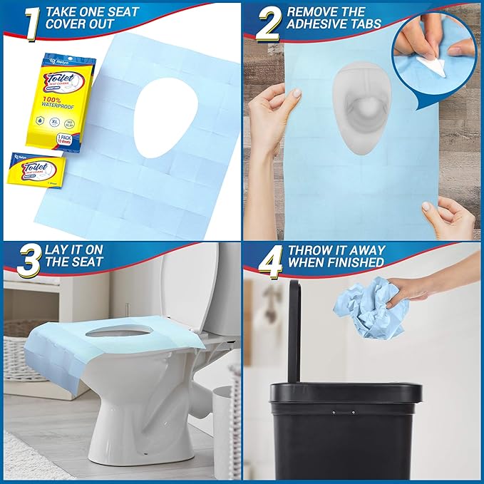 20 Pack XL Disposable Toilet Seat Covers – Waterproof Toilet Cover Sheets with Adhesive Tabs for Adults, Kids & Toddlers, Travel, Public Restrooms, Airplane, Camping
