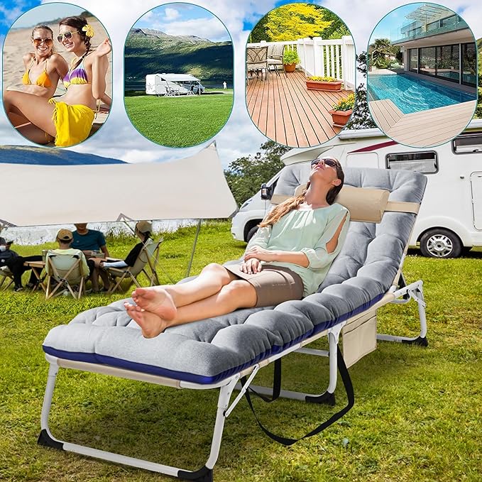 ABORON Patio Lounge Chair, Folding Guest Bed Cot for Adults, 500LB Heavy-Duty Capacity, Portable Extra Bed with Comfort Mat, Quick Fold Design for Indoor Guest Stays & Temporary Use
