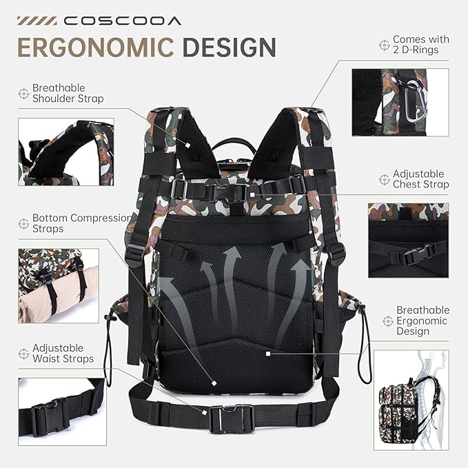 Tactical Military Backpack for Man, 45L Waterproof Army Pack Rucksack Hiking Laptop Backpack 3 Day Bug Out Bag, Includes Two Flags and Two Carabiner Camouflage