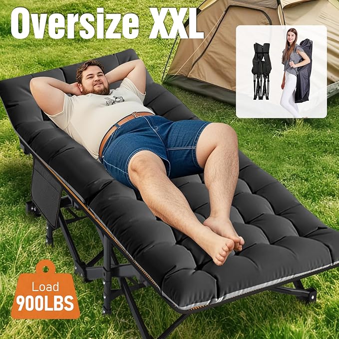 Slsy Oversized XXL Folding Camping Cot for Adults with Pad, Padded Portable Sleeping Cots, Camp Bed with Carry Bag for Outdoor Travel, Beach, Hiking