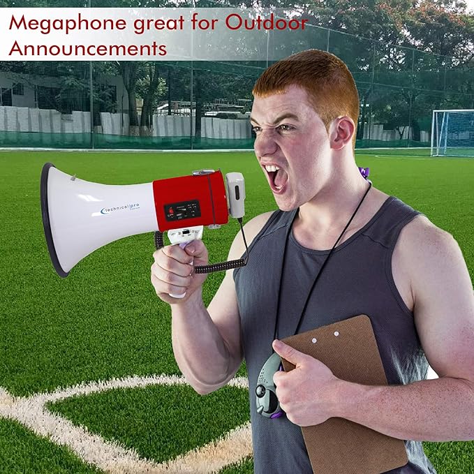 Technical Pro Portable 75-Watt Megaphone Bullhorn Speaker w/Detachable Microphone w/Rechargeable Battery, a Built-in AC Wall Charger, Good for Trainers, Soccer, Coaches, Cheer Leaders