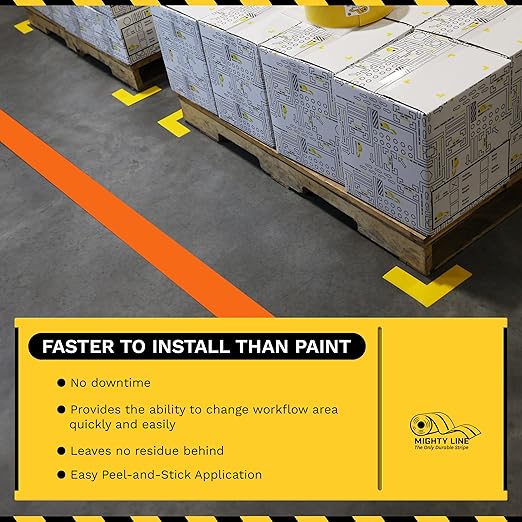 Mighty Line Solid Floor Marking Tape for Safety, Caution, Warning, Heavy-Duty, Peel and Stick Adhesive, Beveled Edge Design, Industrial Quality, 3 inch, 100' Roll, Orange