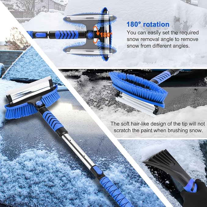 Blue Car Snow Brush and Shovel Kit, 42" Extendable Ice Scraper with 180° Pivoting Head & Ergonomic Grip - 39" Collapsible Emergency Snow Shovel for Car, SUV, Truck