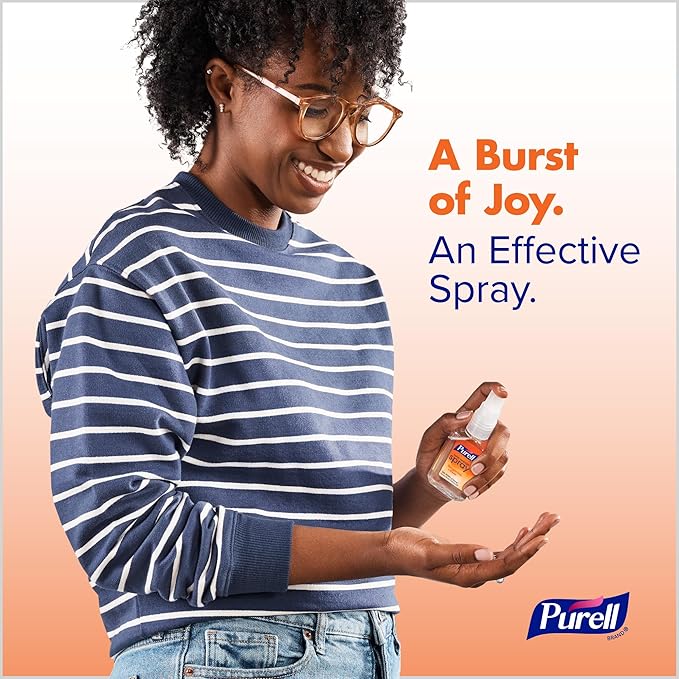 PURELL Hand Sanitizer Spray, Infused with Essential Oils, Tangerine and Pear Scent, 2 fl oz Travel-Size Pump Bottle (Pack of 6) – 2025-04-EC