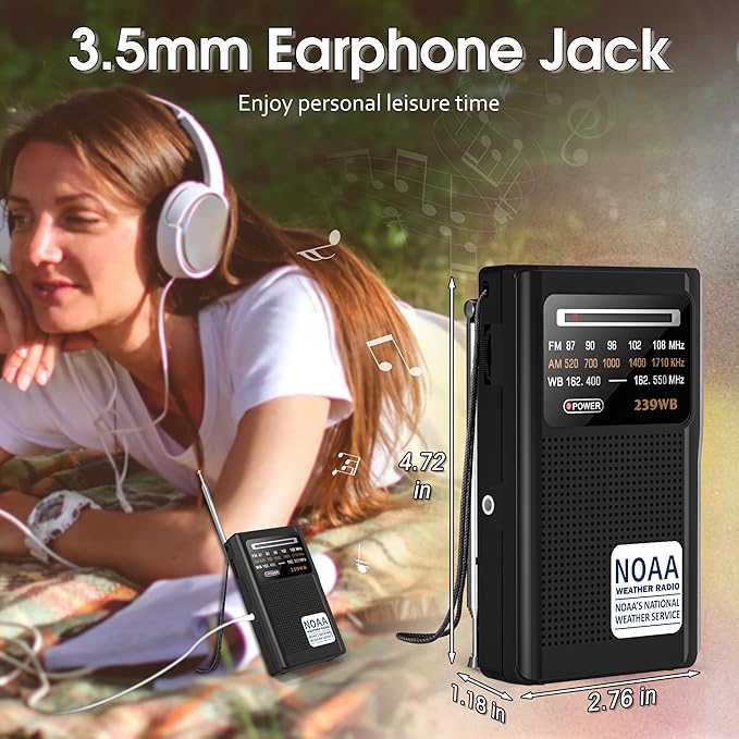 Greadio NOAA Weather Radio, Stereo Earphone Jack,AM/FM Battery Operated Transistor Portable Radio with Best Reception,Powered by 2 AA Battery for Emergency,Hurricane,Running, Walking,Home(Black)