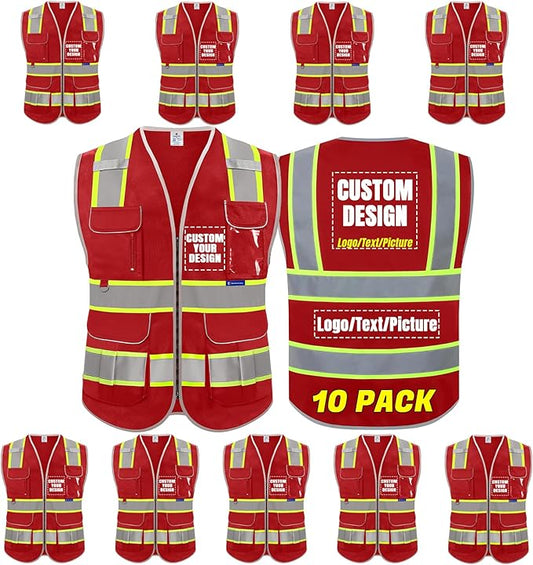 BeautyWill 10 Pack Custom Logo Safety Vest ANSI Class 2 High Visibility Reflective Vest Personalized Construction Vest Bulk
