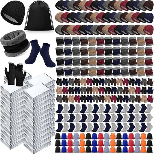336 Pack Homeless Care Package Supplies Bulk Care Kit for Winter Beanie Gloves Sock Drawstring Bags Blankets for Women Men Gift (Gray and Navy Blue)