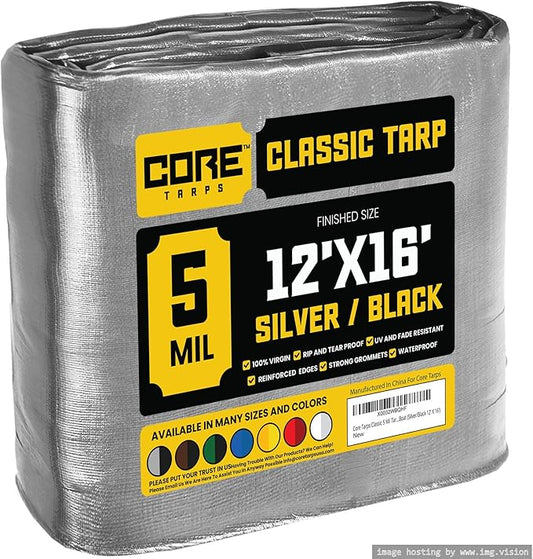Core Tarps Classic 5 Mil Tarp Cover, Waterproof, UV Resistant, Rip and Tear Proof, Poly Tarpaulin with Reinforced Edges for Roof, Camping, Patio, Pool Cover, Boat (Silver/Black 12′ X 16′)