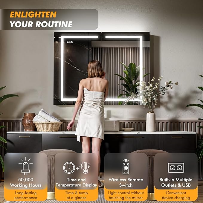 LED Lighted Medicine Cabinet Front & Backlit Dimmable Colours, Clock & Temp, USB Outlets (42 x 32)