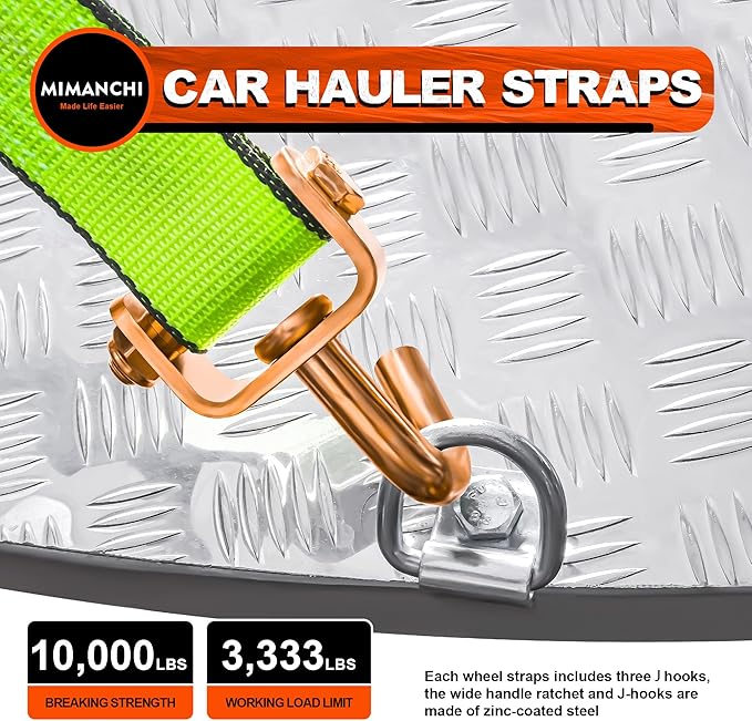 2" x 10'Car Hauler Straps,4Pack,Wheel Strap with Swivel J Hook Idler,Ratchet,Tire Tie Down Straps with 3 Rubber Blocks Use for Car, Truck, ATV, Heavy Duty Vehicle Trailer Tie Down Kit