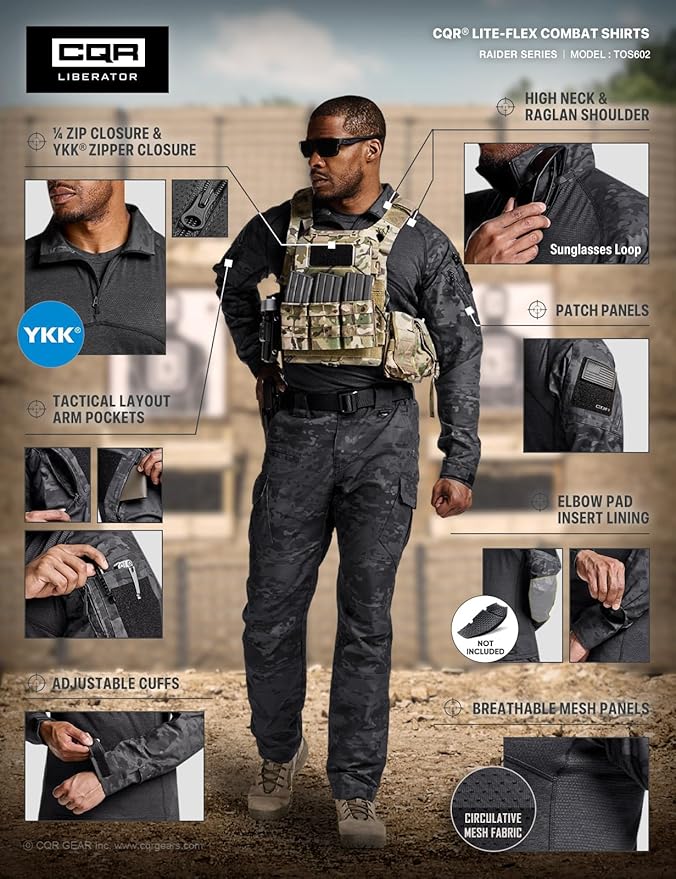 CQR Men's Combat Shirt Tactical 1/4 Zip Long Sleeve Military BDU Shirts Camo EDC Top with Pockets