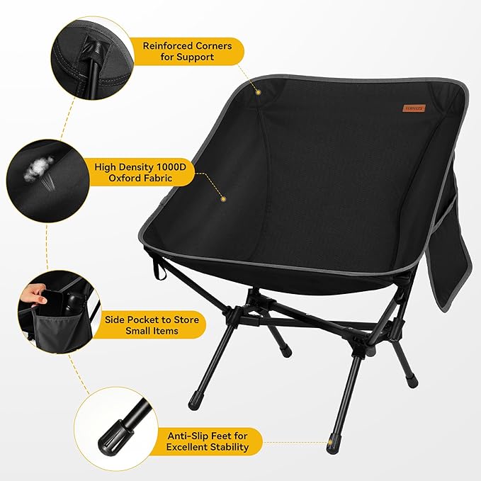 TOBTOS Ultralight Camping Chair, Portable Folding Chair Support 330 lbs, Compact Camp Chair for Hiking Backpacking Travel Beach (Black)