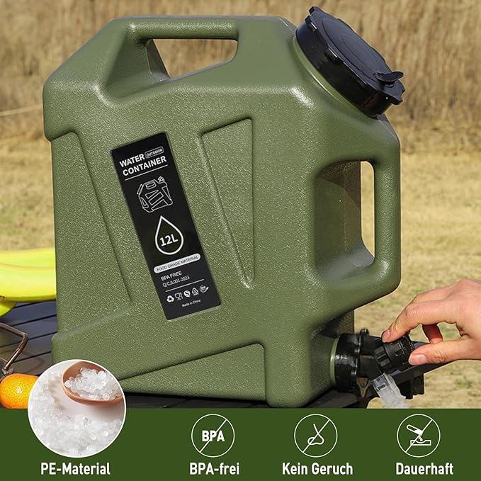 3.2 Gallon Water Jug,Camping Water Container with Spigot,BPA-Free with Cleaning,Brush Military Green Tank Portable,Suitable for Outdoor Camping and Hiking,Army Green