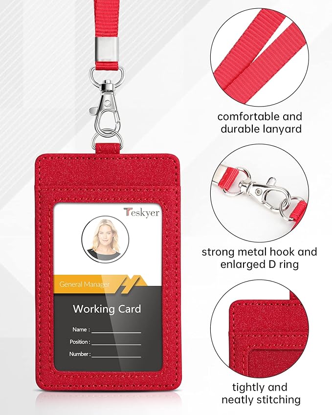 Teskyer Badge Holder with Lanyard, Leather ID Name Badge Card Holder with Lanyard for ID Badges, Vertical, Starry Red