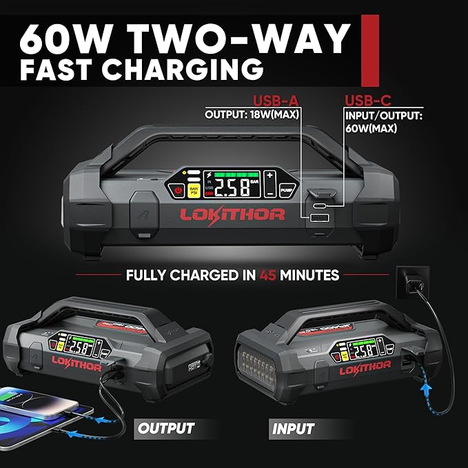 LOKITHOR JA400 1750A 12V Jump Starter with Air Compressor, 60W Two-Way Fast Charing, Lithium Car Battery Starter with 150PSI Digital Tire Inflator, Booster Pack for 7.5L Gas or 5.5L Diesel Engines