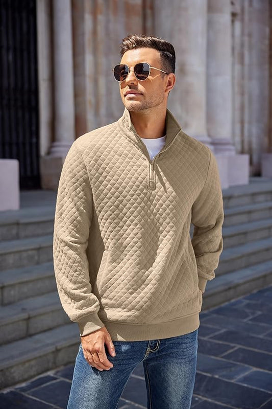 COOFANDY Mens Quarter Zip Pullover Quilted Sweatshirt Knit Long Sleeve Mock Neck Sweater Polo with Pocket