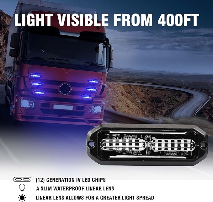 WINECO 8PCS LED Strobe Lights 12V Sync Feature Blue 12LED Emergency Hazard Warning Lights with Strobe Controller for Trucks Vehicles ATV RV Cars Van