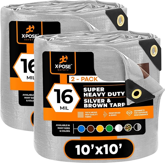 Xpose Safety Super Heavy-Duty 10' x 10' Silver/Brown Poly Tarp (2-Pack) - 16 Mil Waterproof & UV Resistant, Rip-Proof with Reinforced Edges & Grommets