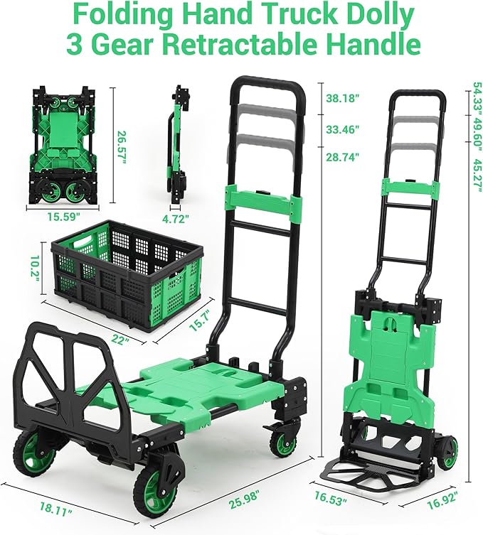 Folding Hand Truck, 330 LB Heavy Duty Dolly Cart with Foldable Basket, Foldable Hand Truck with Bungee Rope, Rubber Wheels and Retractable Handle for Luggage, Travel, Moving, Office, Green
