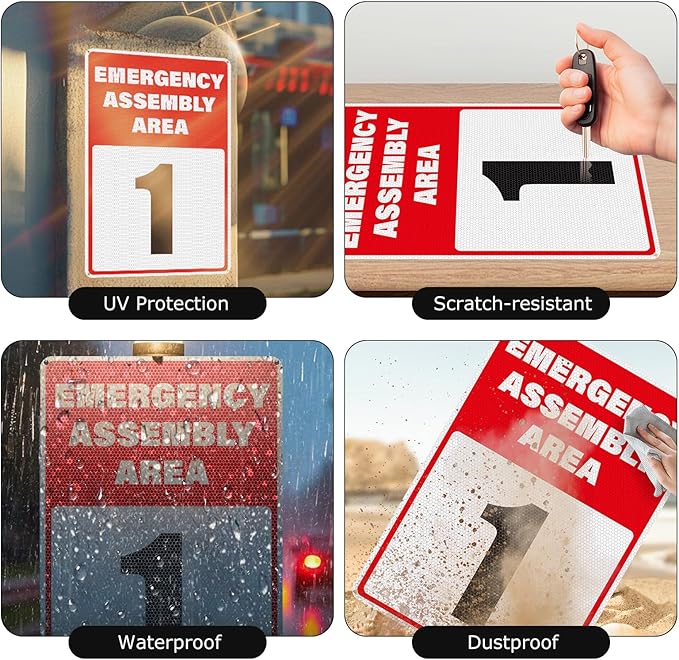 2 Pack Emergency Assembly Area 1 Sign 18 × 12 Inches Aluminum Reflective Safety Signage with Pre-Drilled Holes for Business Construction Site Warehouse